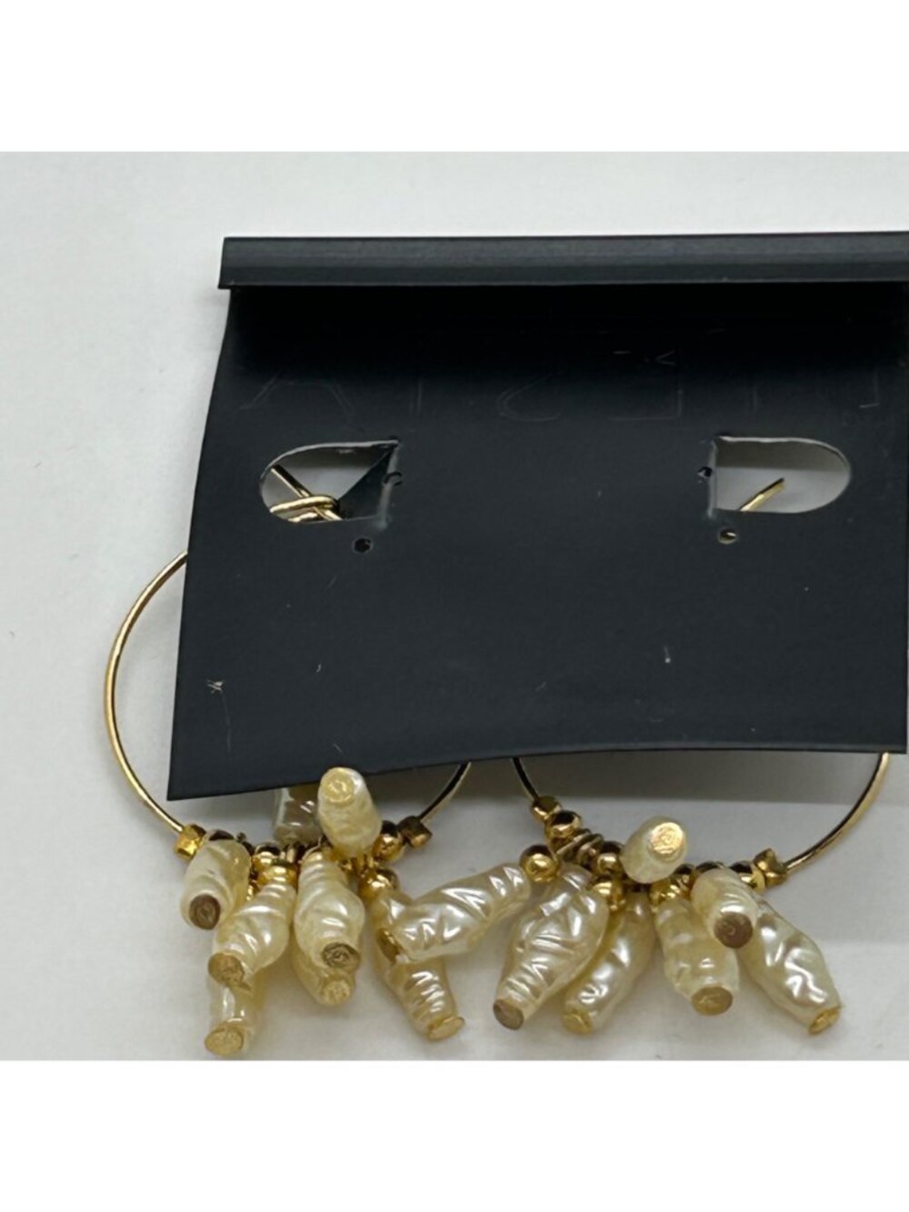 Vintage Gold Hoop Earrings With White Acrylic Stick Pearl Clusters - Picture 12 of 13
